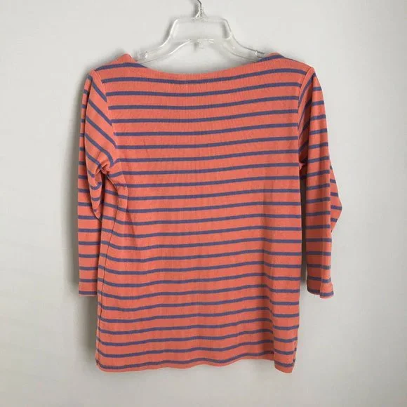 LL Bean Orange Blue Striped 3/4 Sleeve Sweater - Picture 3 of 5